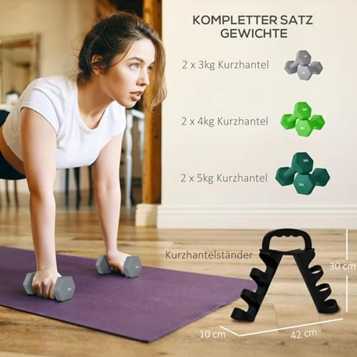 SPORTNOW Hanteln Set 6 Kurzhanteln, 2 x 3kg, 2 x 4kg, 2 x 5kg Hexagon-Hanteln mit Klappbarem Hantelständer, für Fitness und Zuhause, robust und bodenschonend – Bild 3