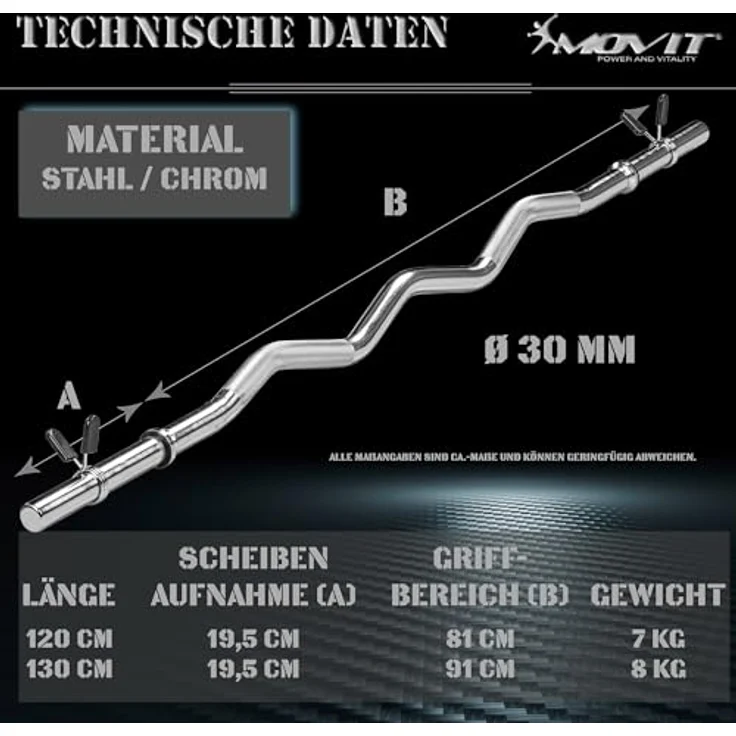 MOVIT® Profi SZ Curlstange, 30mm STANDARDNORM, Auswahl: 120cm (7kg) o. 130cm (8kg), verchromt o. schwarz, Sternverschluss o. Federverschluss, Hantel Curl Stange Hantelstange – Bild 4