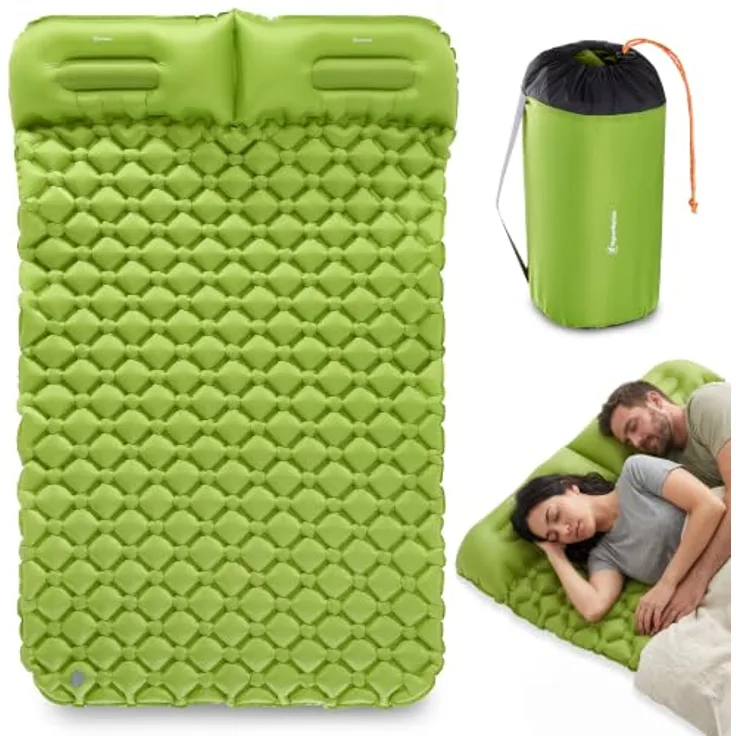 HyperMotion Campmat 2, ultraleichte Isomatte für 2 Personen, 190x120 cm, grün, mit integriertem Kopfkissen und kompaktem Packmaß
