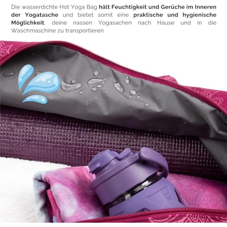 Bodhi Hot Yoga Bag | Maharaja Collection | Yogatasche aus Baumwolle mit wasserfestem Innenfutter | Große Yogamattentasche | Tasche für Yogamatte und Zubehör | Lotus/Berry – Bild 4