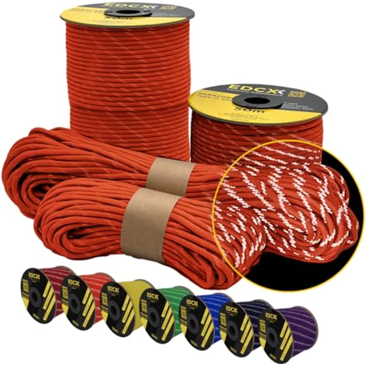EdcX 4 mm Reflective Paracord 550, 100% Nylonseil Typ III, 7 Litzen, 250 kg Bruchlast, in mehreren Farben (15, 30, 50 m)