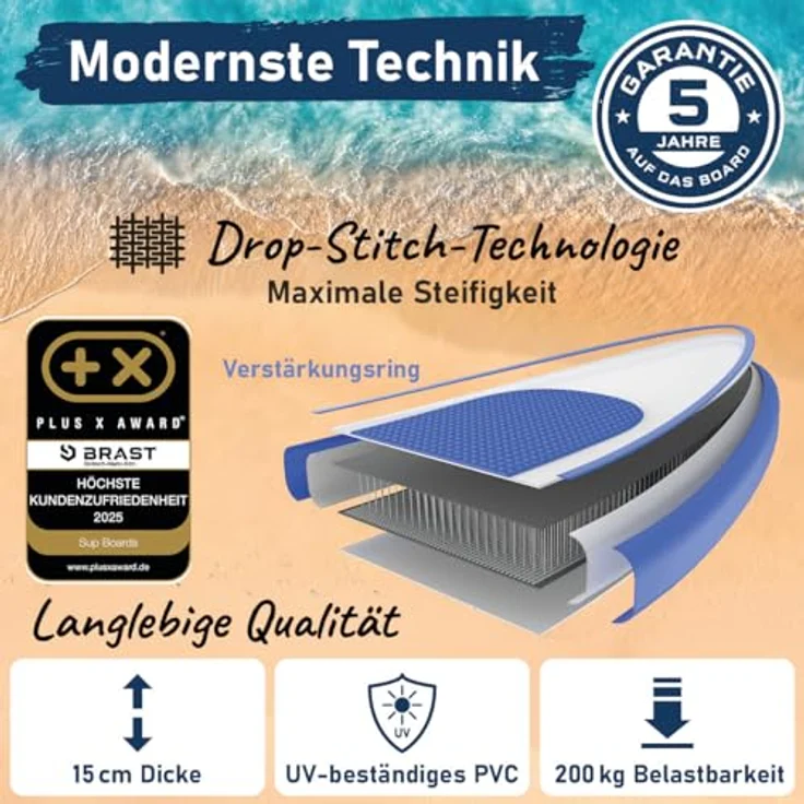 BRAST SUP Board Turtle, Aufblasbares Stand up Paddle Set, 320x81x15cm, Tragkraft bis 200 kg, inkl. Kajaksitz und Zubehör, Türkis – Bild 3