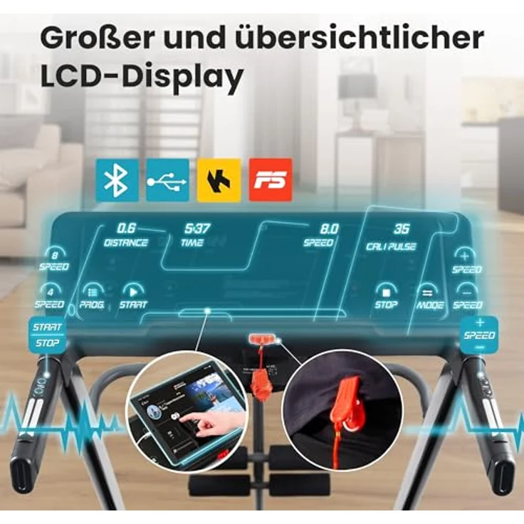 Hop-Sport HS-1200LB Soul - 3in1 Laufband für zuhause inkl. Massagegerät und Sit-Up Station - Laufband klappbar mit LCD-Display, App-Steuerung, 15 Programmen und max. Geschwindigkeit 14km/h – Bild 4