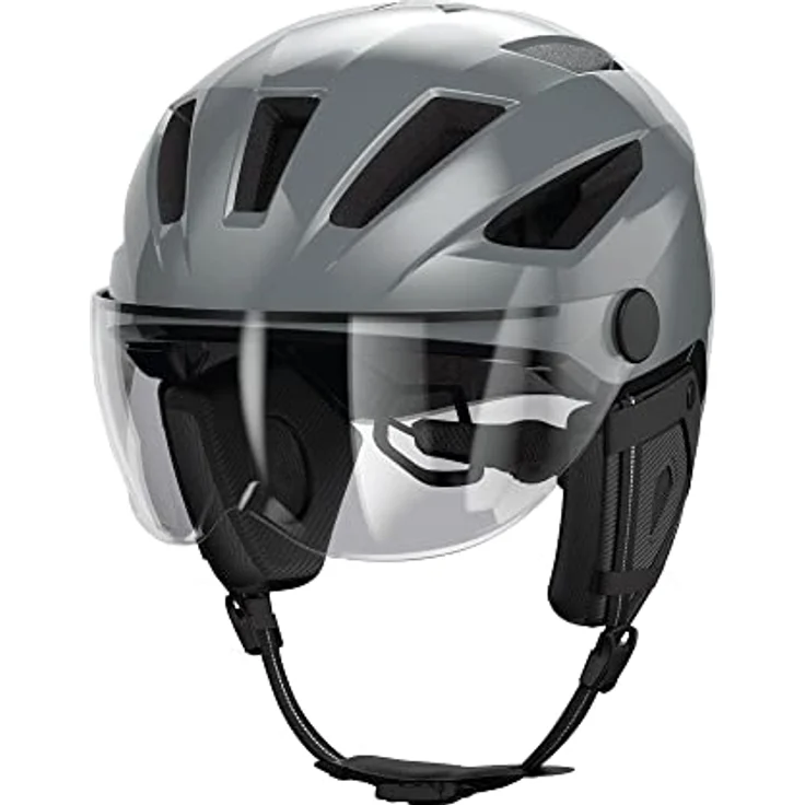 ABUS Pedelec 2.0 ACE, Fahrradhelm mit Rücklicht, Visier, Regenhaube, Ohrenschutz, grau, Größe M – Bild 4