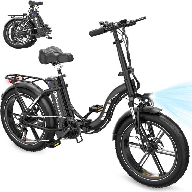 RCB Evercross E-Bike 20" 7 Gang 48V/13Ah Elektrofahrrad klapprad 20*4 Zoll FatReifen, Schwarz/Weiß, bis 100km Reichweite, LCD Display und einstellbarer Lenker