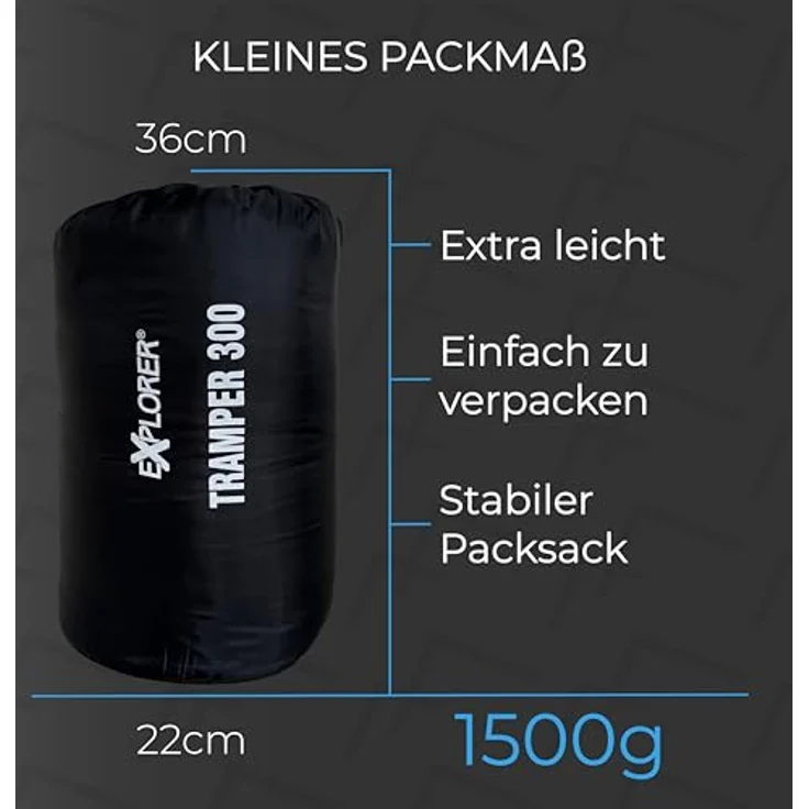 EXPLORER Tramper 300 Mumienschlafsack Schwarz, 3-4 Jahreszeiten, Komfort-Temperatur +13°C, leicht, 1500g, kompakt 22x33cm, 230x80x55cm für Camping und Trekking – Bild 3