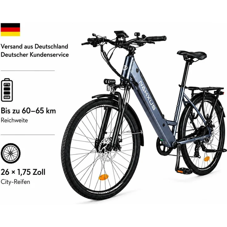 PIXAR M208 26 Zoll City-E-Bike Tiefeinsteiger, 36V 12,5Ah Akku, Shimano 7-Gang, LCD-Display, Scheibenbremsen, Federgabel, schwarz