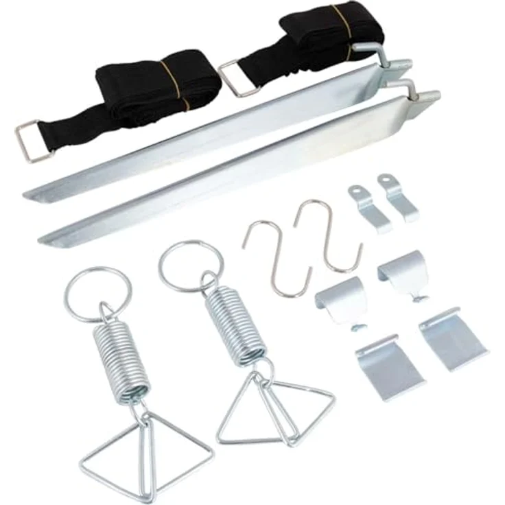 Bo-Camp Universal Sturmgurt-Set für Markisen, 2 Nylonbänder, 2 Federn, 2 Sturmheringe und 6 Stahlhaken – Bild 1