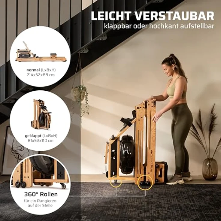 SportPlus Wasser-Rudergerät klappbar für zuhause aus Natur-Massivholz (Eiche), Holz-Rudergerät mit Trainingscomputer, Rudermaschine mit Tablethalterung für Ausdauertraining, Rowing Machine – Bild 3