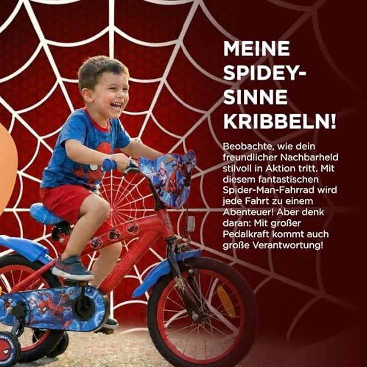 Volare Spider-Man Kinderfahrrad, 12 Zoll mit Handbremse, Rücktrittbremse, abnehmbaren Stützrädern, Blau/Rot – Bild 2