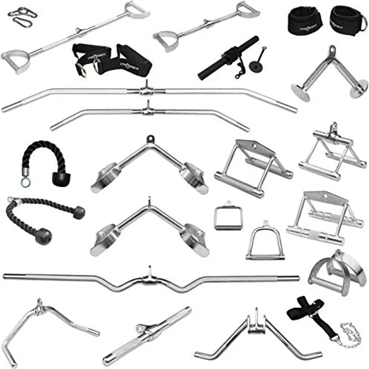 Sporttrend 24® Griffe für Seilzüge/Kabelzüge | Latzugstange, Rudergriff, Bizeps Trizeps Stange, Trizeps Seil, SZ Stange, Griff Set (Fußschlaufe)