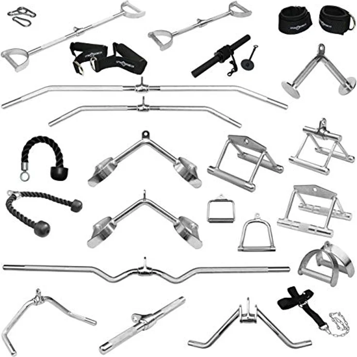 Sporttrend 24® Griffe für Seilzüge/Kabelzüge | Latzugstange, Rudergriff, Bizeps Trizeps Stange, Trizeps Seil, SZ Stange, Griff Set (Fußschlaufe) – Bild 1