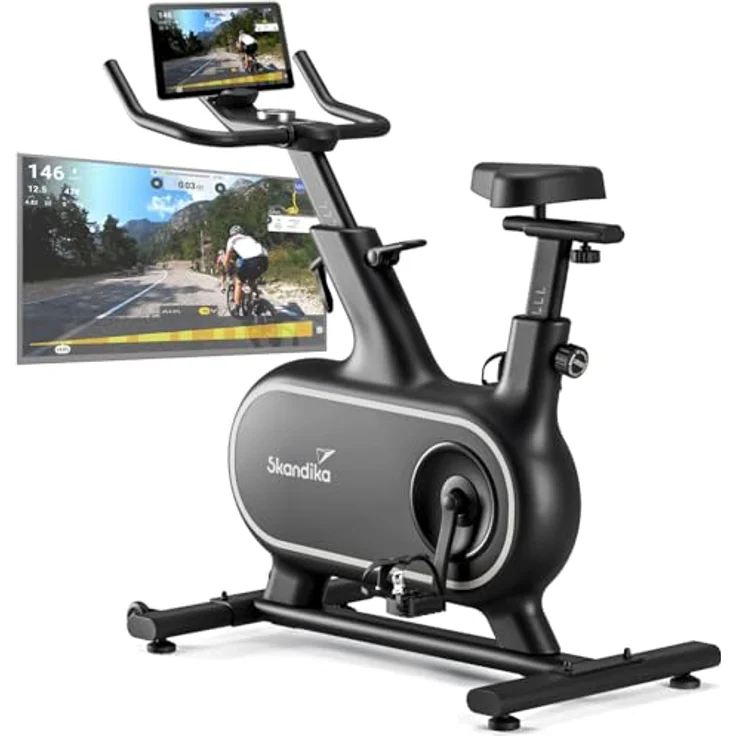 Skandika Heimtrainer Fahrrad Cykling P12-H | 32 Stufen, Premium EMS Bremssystem, App Steuerung mit Kinomap, Hometrainer Fahrrad für Zuhause | Indoor Bike, Fitnessfahrrad, Trimmrad, blau – Bild 1