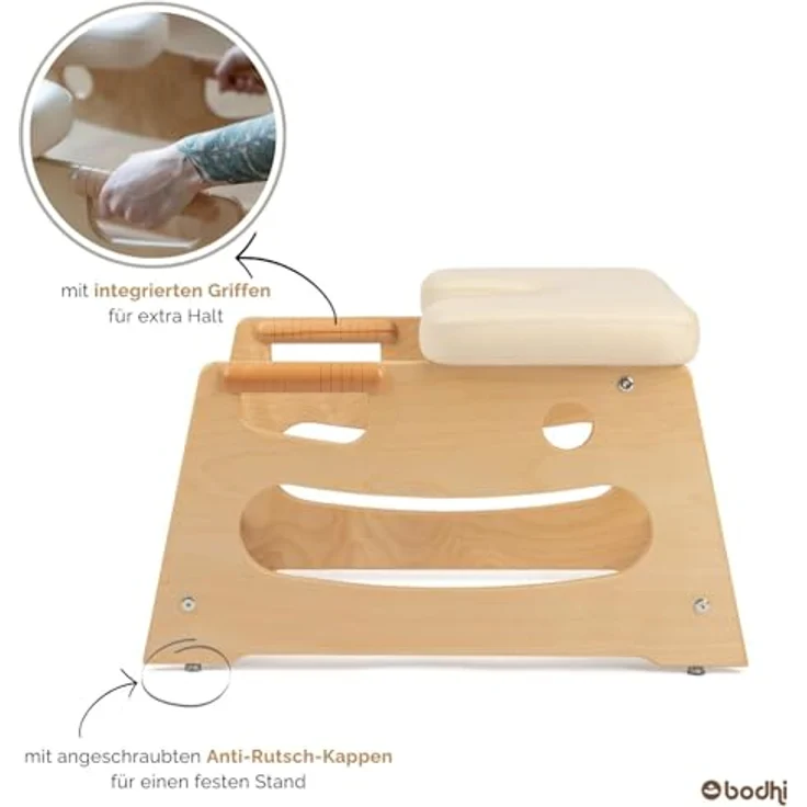 Bodhi Kopfstandhocker, Yoga Hocker aus Holz mit ergonomischen Griffen, Polster für Umkehrhaltung, inklusive Zusatzpolster, beige – Bild 4