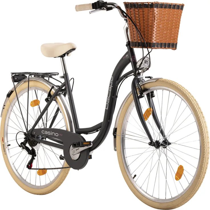 DaCapo DaCapo Damenrad 28'' Casino 6 Gänge RH 48 cm mit Korb, Graphitgrau/Cremefarbe, 6-Gang-Drehgriffschaltung von SHIMANO, Retro-Look mit zeitlosem Design