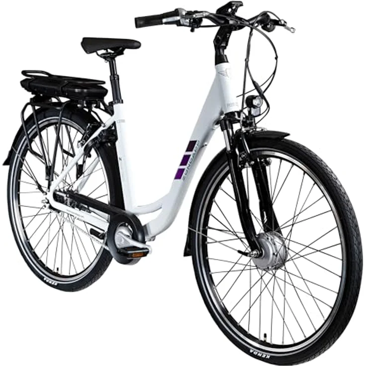 Zündapp Z502 City E-Bike, 28 Zoll, 7-Gang, 522 Wh, Vorderradmotor, weiß/lila – Bild 1