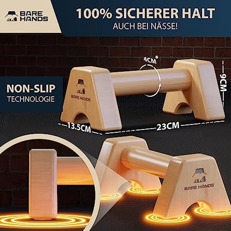 BARE HANDS Liegestützgriffe aus Holz "Modell S", 2er Set Parallettes, rutschfest & kompakt mit Video-Guide für Push Ups und Calisthenics – Bild 2