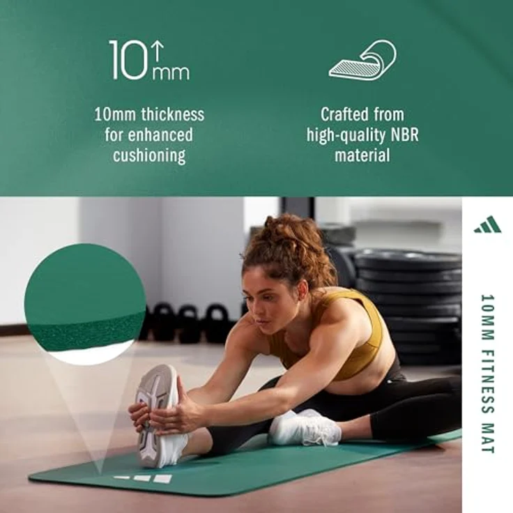Adidas Fitness Mat 10mm, Yogamatte in Dunkelgrün mit rutschfester Oberfläche und elastischem Tragegurt – Bild 3