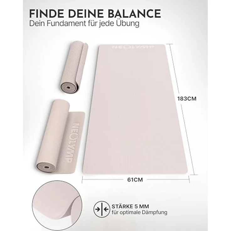 NEOLYMP Yogamatte rutschfest, gelenkschonend, 183x61cm PVC Fitnessmatte für Yoga, Pilates, Workout (Taupe) – Bild 3