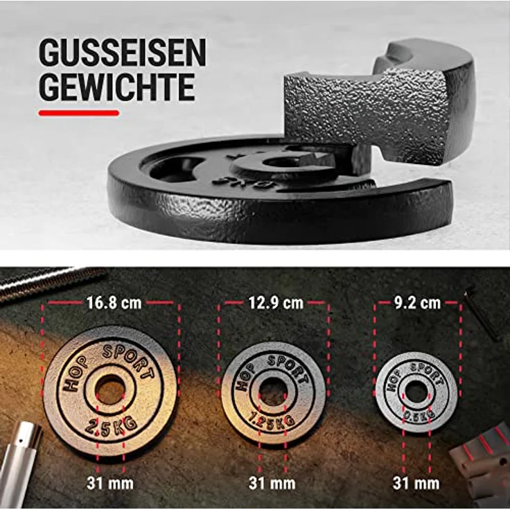 HS HOP-SPORT 2in1 Kurzhanteln & Langhantel Set - Gusseisen Hanteln Set 20kg mit Verbindungsrohr - inkl. Trainingshandschuhe, schwarz – Bild 5