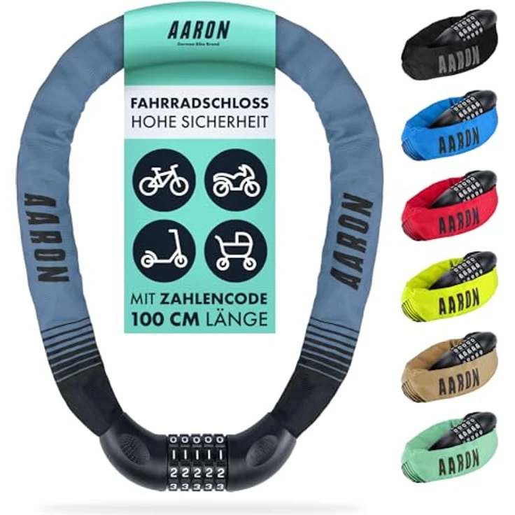 AARON Lock One Fahrradschloss, 100 cm Kettenschloss mit 5-stelligem Zahlencode, hochsicher in grau-blau für E-Bike, Mountainbike, Trekkingrad, Tourenrad, Rennrad – Bild 1