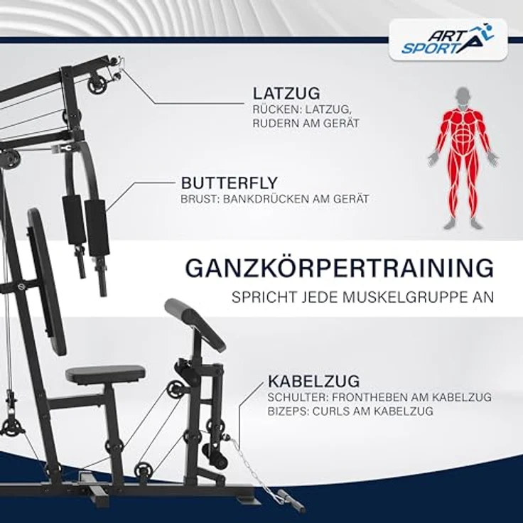 ArtSport Kraftstation ProfiGym 3000 mit 14 Gewichten, 77 kg - Bizeps, Lattzug, Butterfly, Brust- & Beinpresse - Fitnessstation für Zuhause - Schwarz – Bild 2