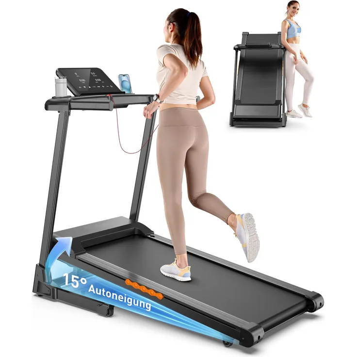 iScooter Laufband mit 15° Neigungsverstellung, 1–14 km/h, LED-Anzeige, gelenkschonendes Dämpfungssystem, 12 Trainingsmodi