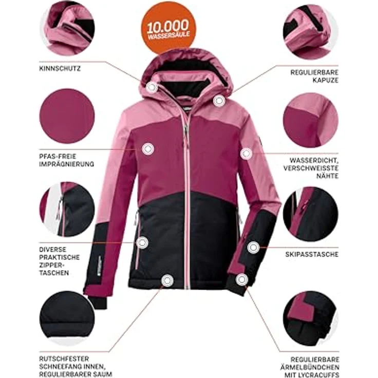 Killtec KSW 196 GRLS SKI JCKT, Kinder Skijacke in lila mit 10.000 mm Wassersäule, wasserdicht und atmungsaktiv, regulierbare Kapuze und Saum – Bild 6