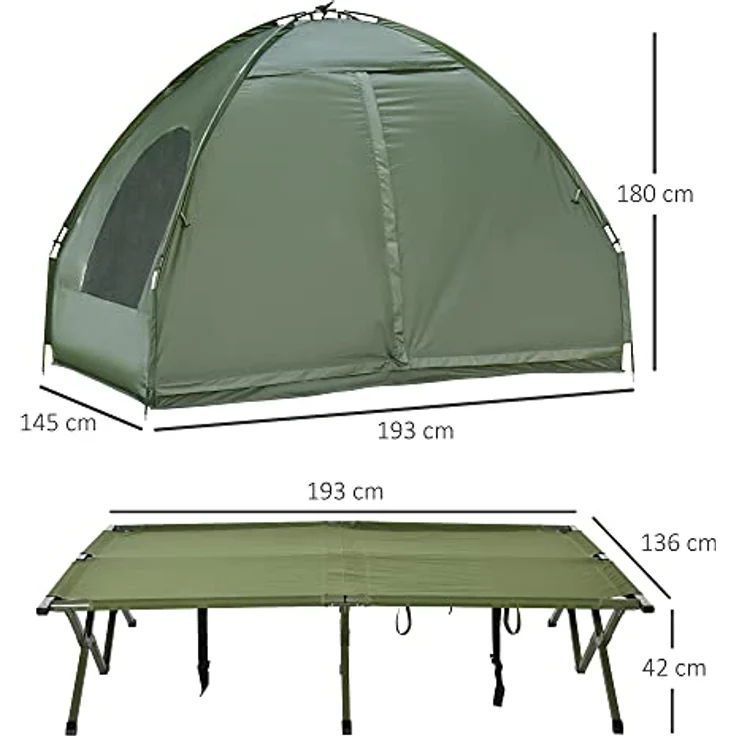 Outsunny Erhöhtes Campingbett und Zelt, Feldbett, Kuppelzelt mit Luftmatratze und Pumpe, TAFT, Grün, 193 x 136 x 178 cm – Bild 5
