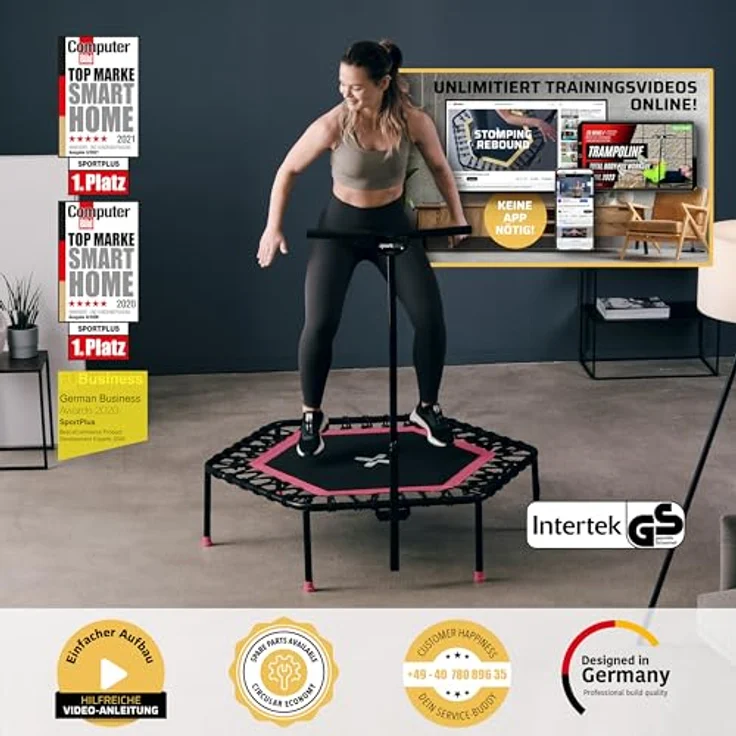 SportPlus I I Fitness Trampolin für zuhause, mit Haltestange (5-Fach höhenverstellbar), weiche Gummiseilfederung, sehr leise & bis 130 kg belastbar – Bild 3