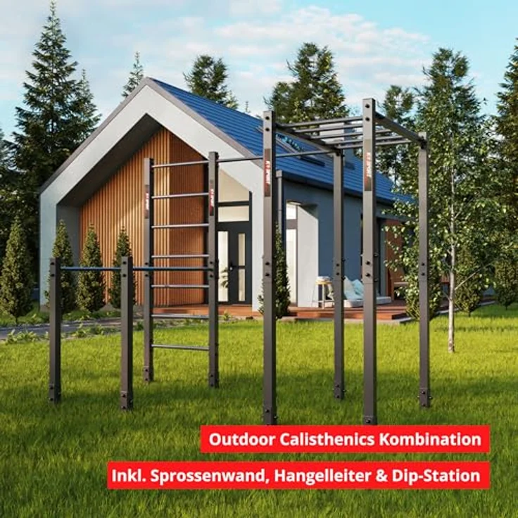 K-Sport Calesthenics Turnstange Garten, wetterfeste Kraftstation bis 150 kg, inkl. Barren, Sprossenwand, Klimmzugstange & Hangelleiter, Schwarz, Made in EU – Bild 2