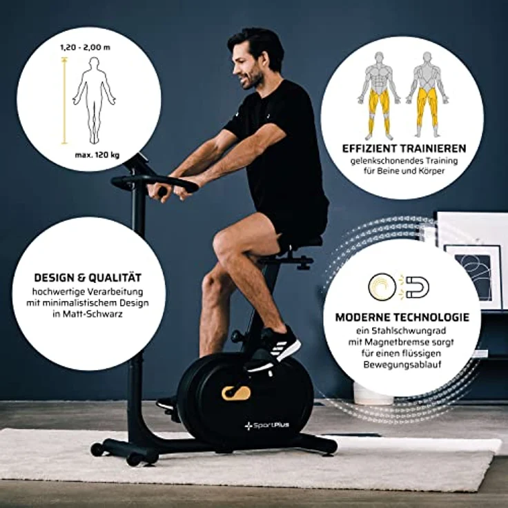 SportPlus Design Heimtrainer Fahrrad, Fitnessbike mit Magnetbreme & integrierte Herzfrequenz-Messung & Watt-Anzeige, 16 Widerstandsstufen, 21 Trainingsprogramme, bis 120kg – Bild 3