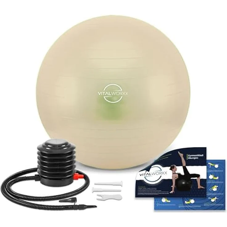 VITALWORXX Gymnastikball für Schwangere, extrem stabil, beige, 75 cm, mit Pumpe und Übungen für Schwangerschaft, Geburt und Gesundheit – Bild 1