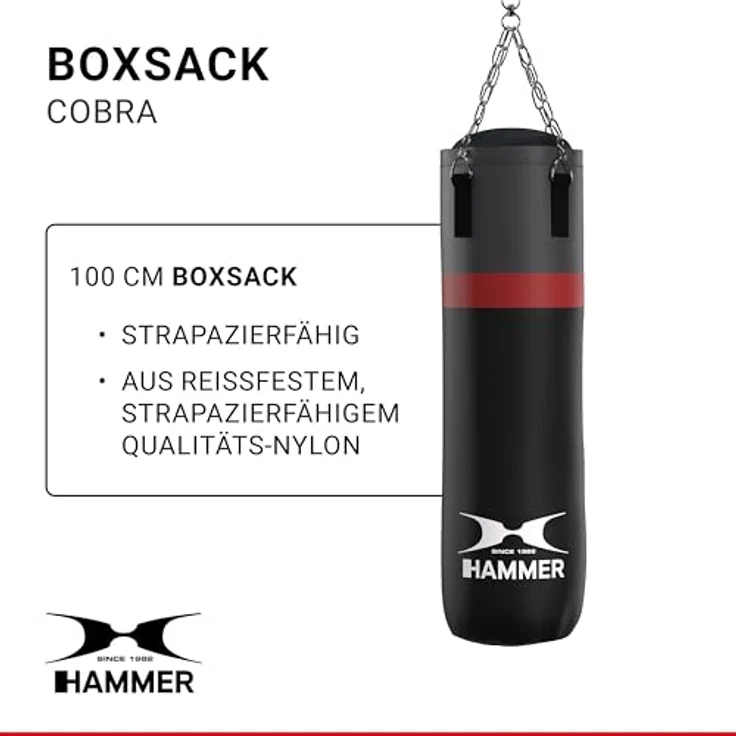 HAMMER Boxsack Cobra, 100 cm, reißfestes Nylon, Schwarz/Rot/Grau, One size, 92330 – Bild 3