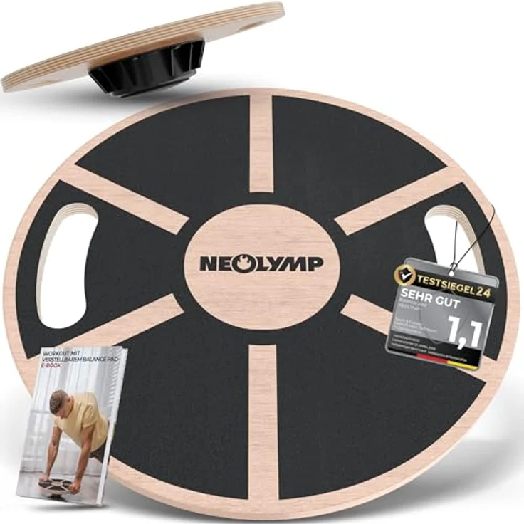 NEOLYMP Balanceboard Holz mit Griffen, 360° Rutschfestes Gleichgewichtsboard aus Echtholz mit Anti-Rutsch-Beschichtung – Bild 1