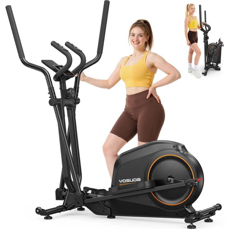 YOSUDA Klappbarer Crosstrainer für Zuhause, 16 Widerstandsstufen, ultraleise, LCD-Display, schwarz mit Transportrollen