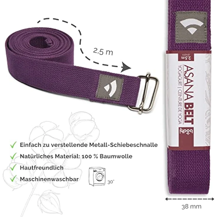 Bodhi Yogagurt | ASANA Belt aus 100% Baumwolle | Praktisches Yoga-Zubehör zur Dehnung | Yoga-Gurt mit Schiebeschnalle aus Metall | Anfänger & Fortgeschrittene | 250 x 3,8 cm (lila) – Bild 3