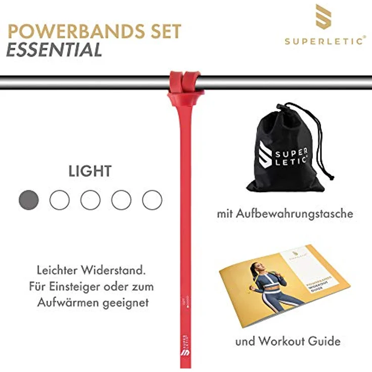 SUPERLETIC Powerband Widerstands-Fitness-Bänder, 5 Stärken für Workout, Yoga, Pilates & Crossfit, rote Klimmzughilfe, inkl. kostenloser Trainingsanleitung, 100% Naturlatex – Bild 3
