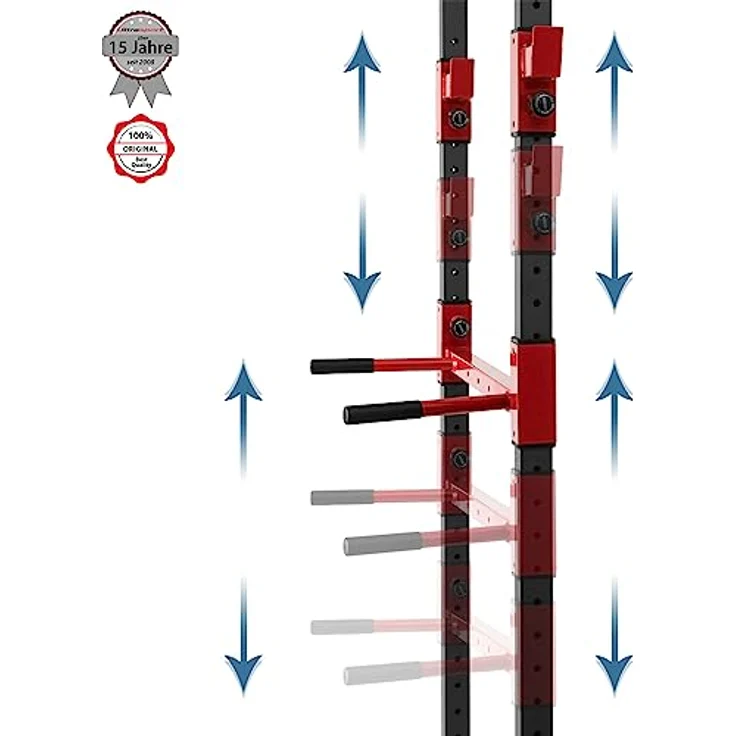 Ultrasport Power Rack Basic, fitness-rack aus Stahl gemacht, Kraftstation mit 4 J-Haken für Langhanteltraining, Klimmzugstange, Dip-Haltern, Ganzkörpertraining für Anfänger bis Fachmann, Schwarz/Rot – Bild 4