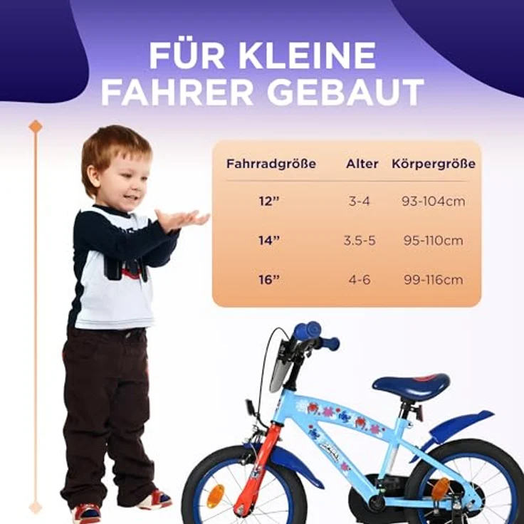 Volare Spidey Kinderfahrrad, 16 Zoll, blau, mit Hand- und Rücktrittbremse, höhenverstellbar, abnehmbare Stützräder – Bild 6