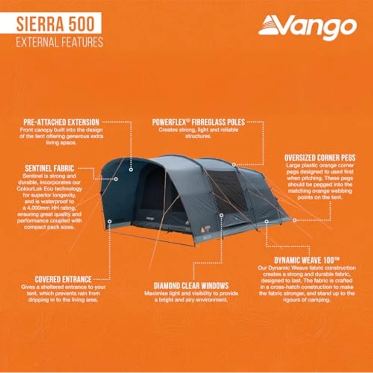 Vango Sierra 500, Familienzelt für 5 Personen mit großem Vorraum, 1,95 m Stehhöhe, optimierte Ventilation und 4000 mm Wassersäule – Bild 3