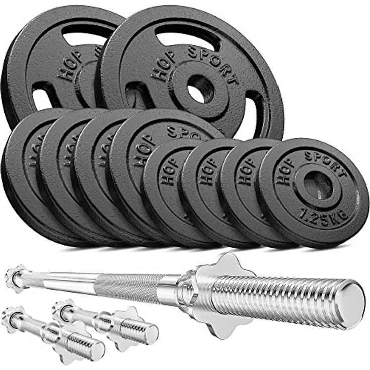 Hop-Sport Guss Hantelset mit Langhantelstange, Kurzhantelstangen und Gewichten, 1x Langhantel, 2X Kurzhantel, Set 39kg 59kg oder 79kg zur Auswahl (39kg)