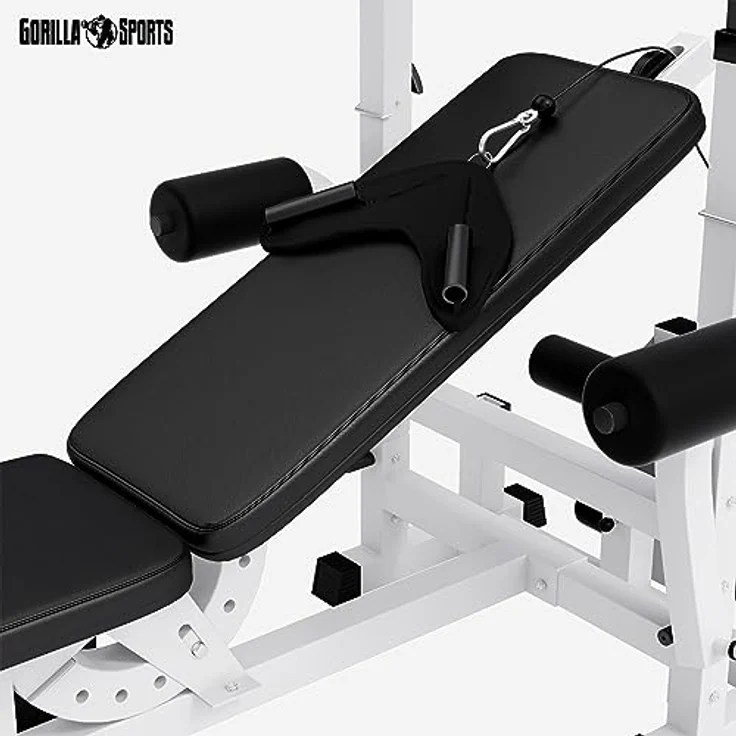 GORILLA SPORTS® Kraftstation Universal - Trainingsbank mit Latzugturm, Butterfly, Beincurler, Weiss – Bild 6