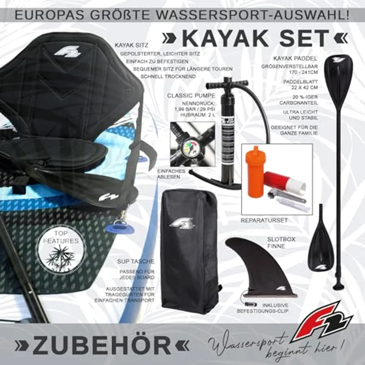 F2 Comet SUP, 11’6" aufblasbares Stand Up Paddle Board in Weiß mit Kajak Zubehör Paket, inklusive Kajakpaddel und gepolstertem Sitz – Bild 2
