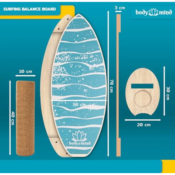 Body & Mind Balance-Board Surfbrett, Wackelbrett für Physiotherapie und Surf-Training, inklusive Korkrolle und gratis E-BOOK (Light Waves) - ideal für Gleichgewicht und Koordination, aus hochwertigem Holz, 78x30 cm – Bild 5