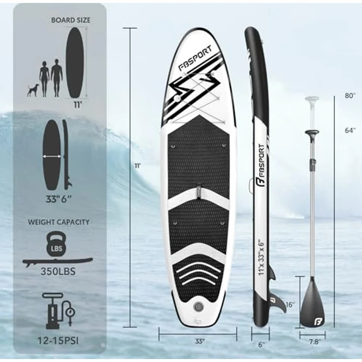 FBSPORT Aufblasbares SUP Board, Stand Up Paddling Board 15CM Dick, inkl. verstellbarem Aluminium Paddel und Pumpe, Schwarz-Weiß – Bild 2