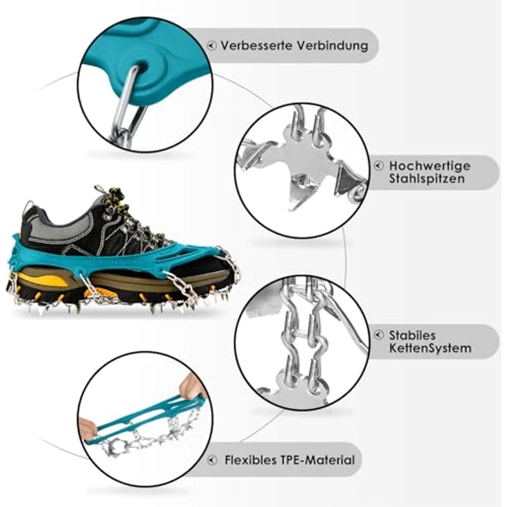 Cimkiz Grödel Steigeisen für Bergschuhe, 19 Zähne Edelstahl Anti-Rutsch Schuhspikes, Teal, Größe L für Wandern, Trail Running und Trekking – Bild 3