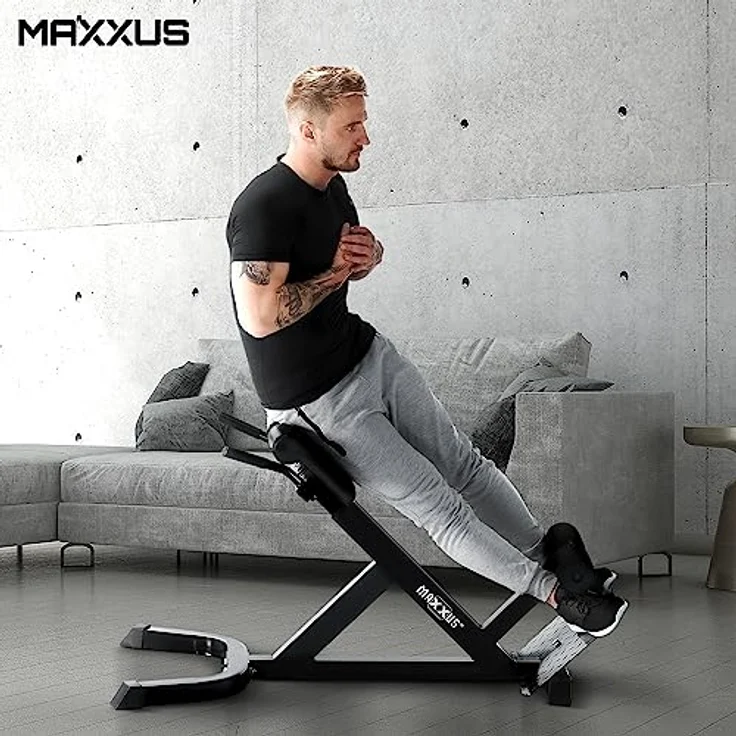 MAXXUS Hyperextension Rückentrainer - Verstellbar, bis 150 kg, mit Beinfixierung, Haltegriffen - Bauchtrainer, Römische Bank, Multifunktionales Workout Bench, Rückenstrecker für Zuhause, Fitness – Bild 5