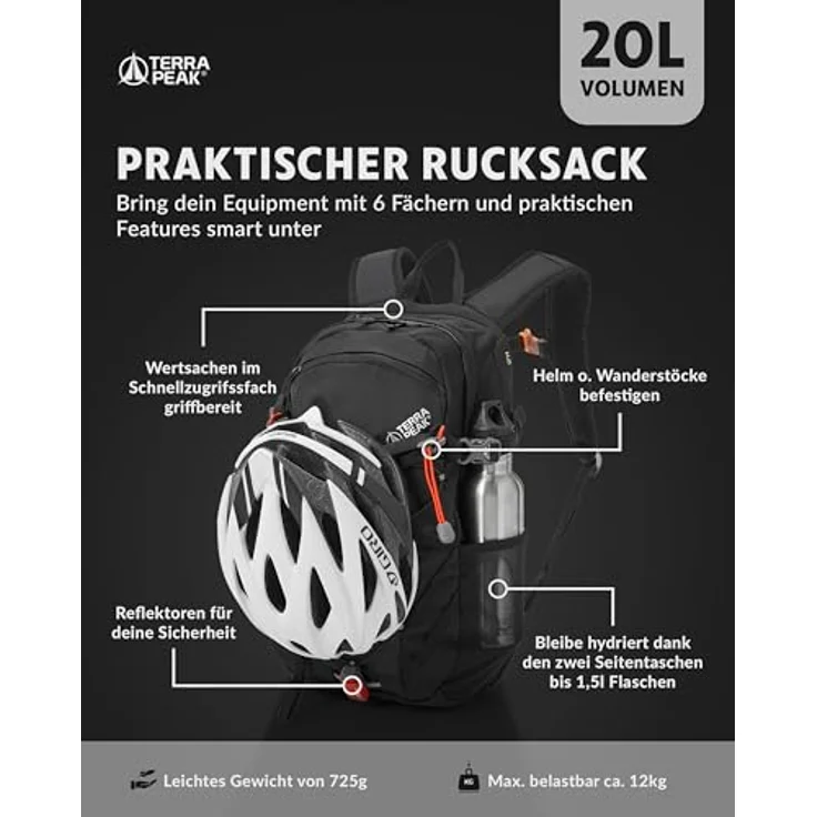 Terra Peak® FLEX 20, Premium Wanderrucksack 20L für Damen und Herren, wasserdicht, mit Trinksystem und Rückenbelüftung, schwarz – Bild 3