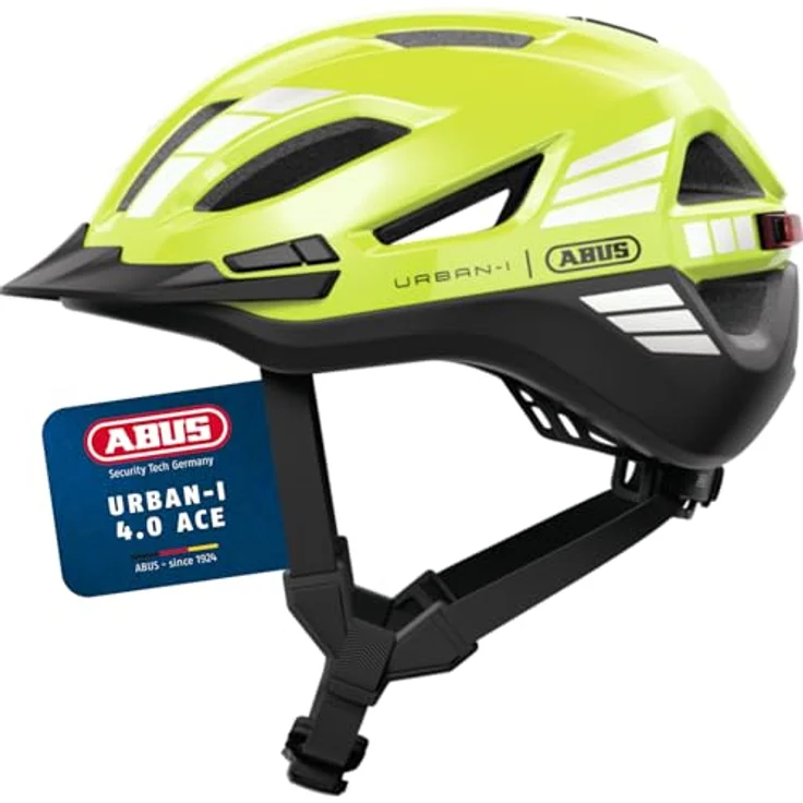ABUS Urban-I 4.0 ACE Fahrradhelm mit aufladbarem Rücklicht, 4 Leuchtmodi, Zopf-Öffnung, magnetischem Verschluss - Größe M, gelb – Bild 1